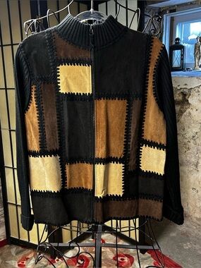 VTG Studio Works Brown, Black, Tan Leather Patchwork, Knit Zip Sweater: LARGE